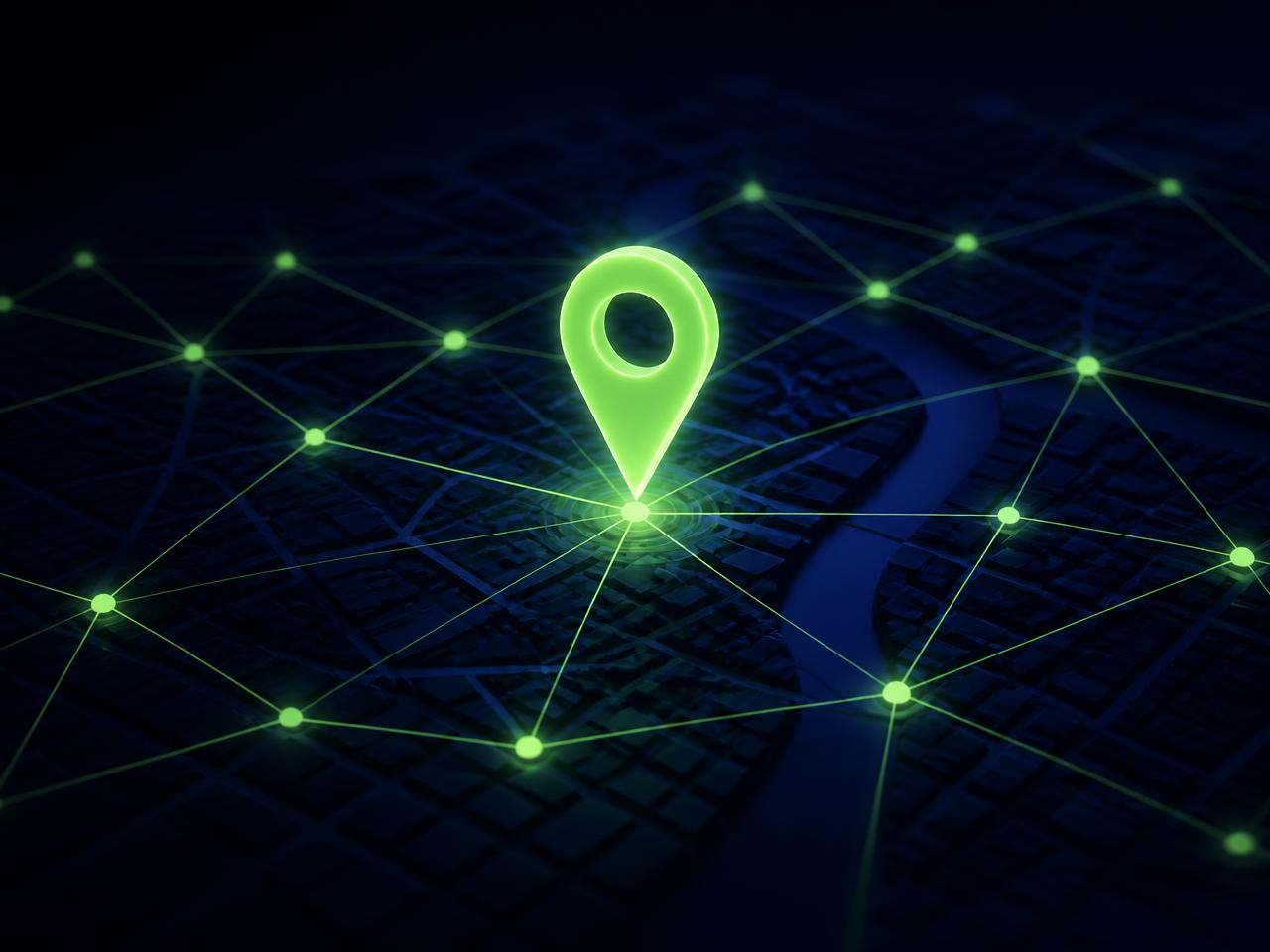A glowing map pin connected to a network of local search results